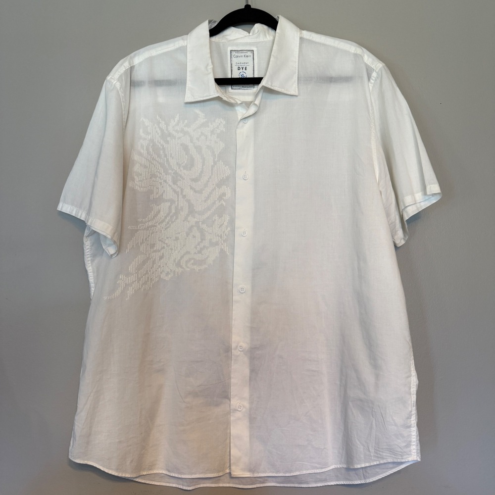 Calvin Klein Men's White 100% Cotton Short Sleeve Button Up Shirt XL Textured